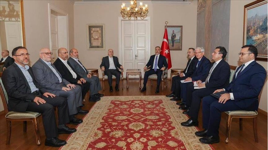 Hamas delegation led by Mahmoud Darwish meeting with Turkish Foreign Minister Hakan Fidan in Istanbul| Source: hamas west bank on telegram, https://t.me/hamaswestbank1