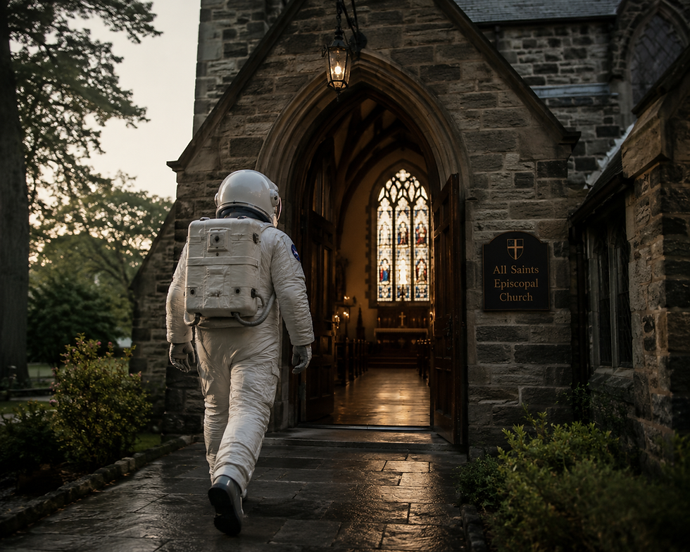 An astronaut walks into a church for a high liturgical service