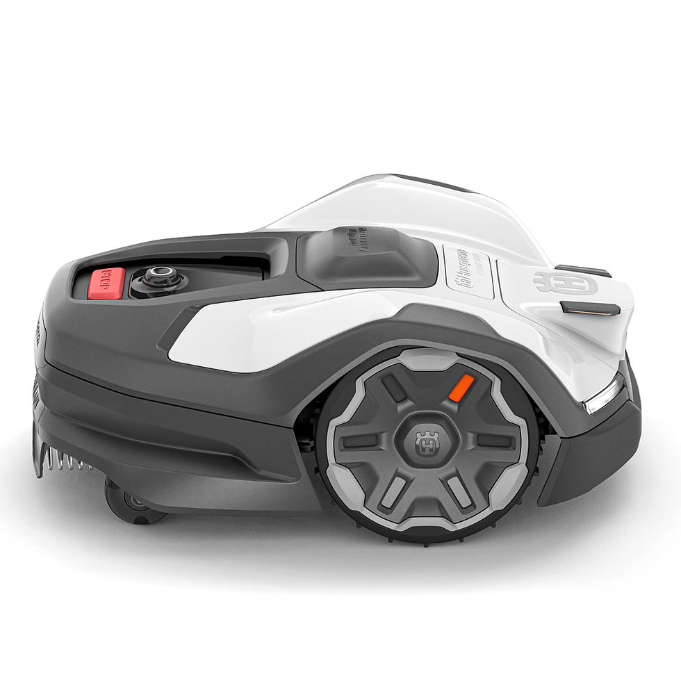 Miniaturbild: Husqvarna Automower 410VE NERA Frontansicht, zeigt graues Design mit Kamera‑Sensorik und robusten Rädern.
