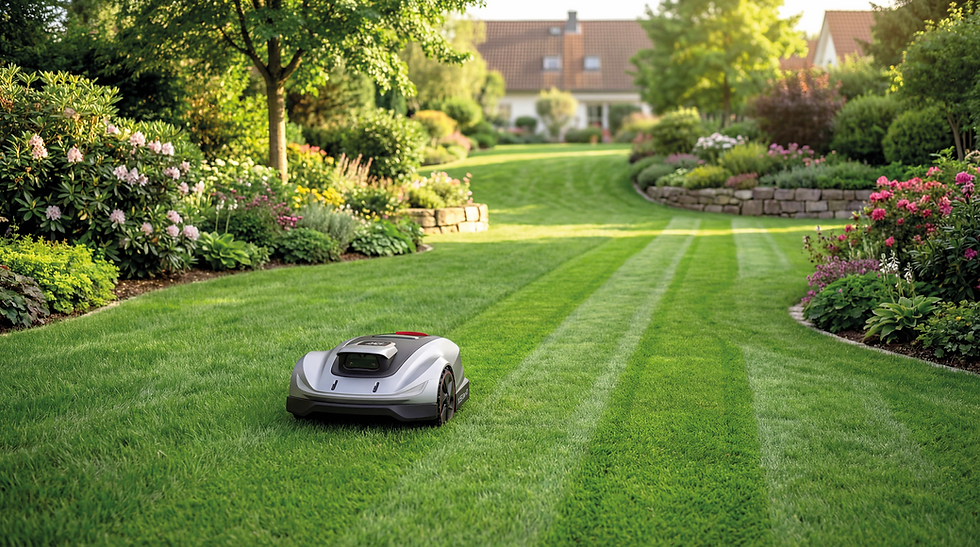 Miniaturbild: Sunseeker Elite X5 Gen2 im Garten im Einsatz, Roboter beim autonomen Mähen einer Rasenfläche.