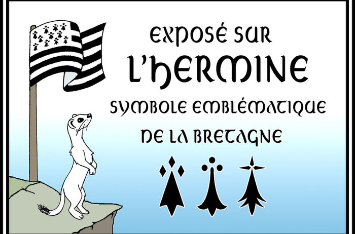 Une hermine blanche dressée devant le drapeau breton Gwenn hu da.