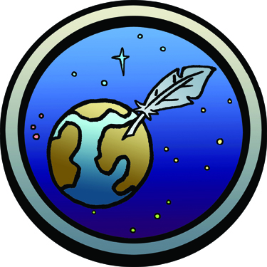 Une plume d'écrivain qui parcourt le globe terrestre.