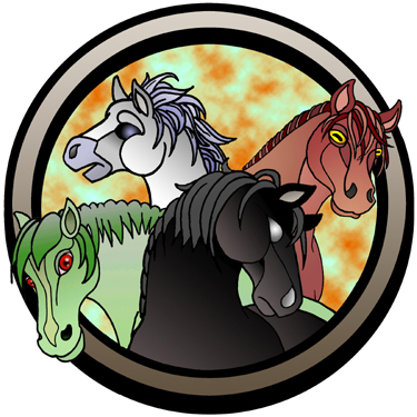 Quatre chevaux de l'Apocalypse, un rouge, un noir, un vert et un blanc.