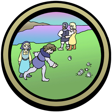 Un grçon et une fille jouent à la pétanque devant une côte marine.