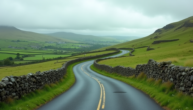 Eye-level view of a winding Irish country road surrounded by lush green fields and stone walls