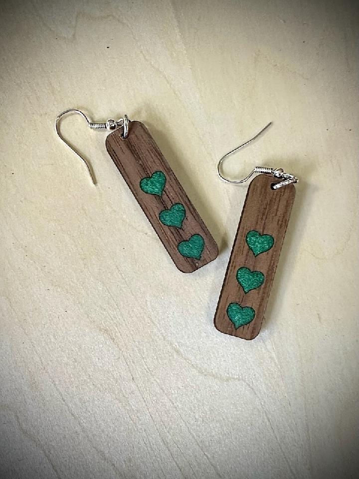 Walnut Earrings - Three Hearts - Green Resin