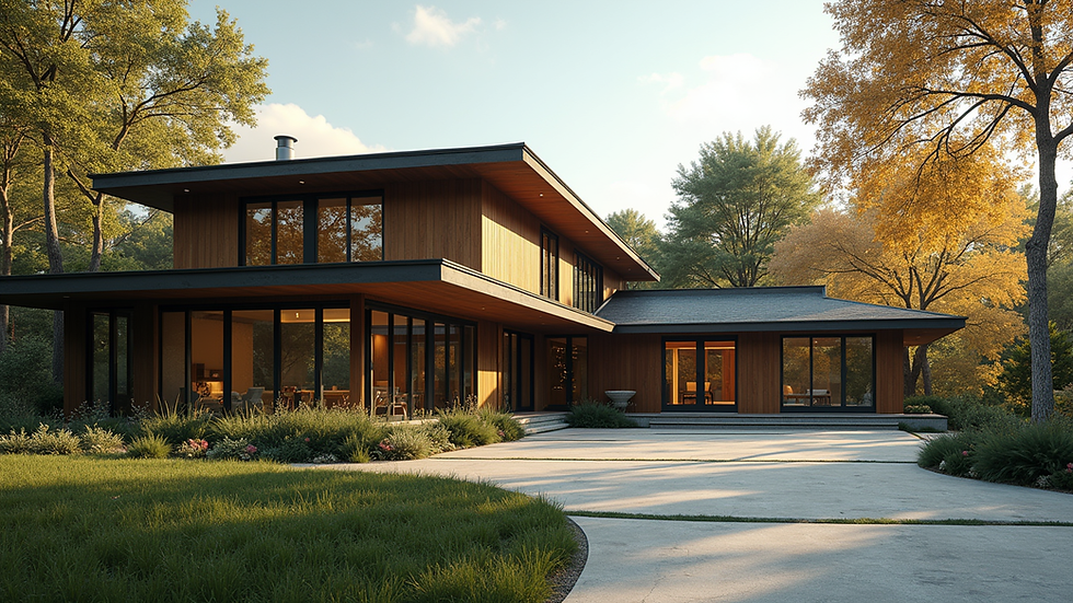 Eye-level view of a mid-century modern home with large glass windows and natural landscaping
