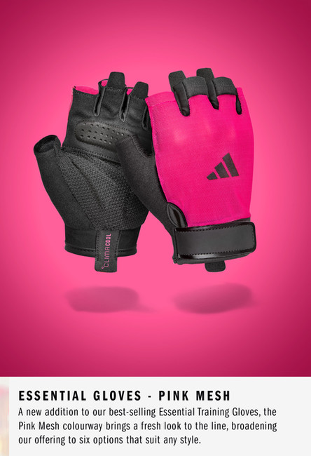 adidas Essential Gloves - Pink Mesh - A new addition to our best-selling Essential Training Gloves, the Pink Mesh colourway brings a fresh look to the line, broadening our offering to six options that suit any style.