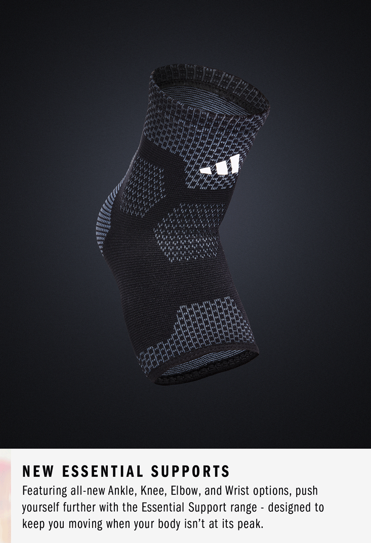 NEW adidas Essential Supports - Featuring all-new Ankle, Knee, Elbow, and Wrist options, push yourself further with the Essential Support range - designed to keep you moving when your body isn't at its peak.