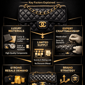 Infographic explaining why Chanel bags are expensive, including materials, craftsmanship, limited supply, brand positioning, and resale demand.