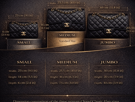 Size comparison chart showing Small, Medium, and Jumbo Chanel Classic Flap handbag dimensions