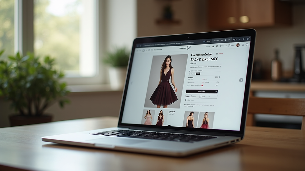 Eye-level view of a laptop screen displaying a stylish dress on an online shopping website