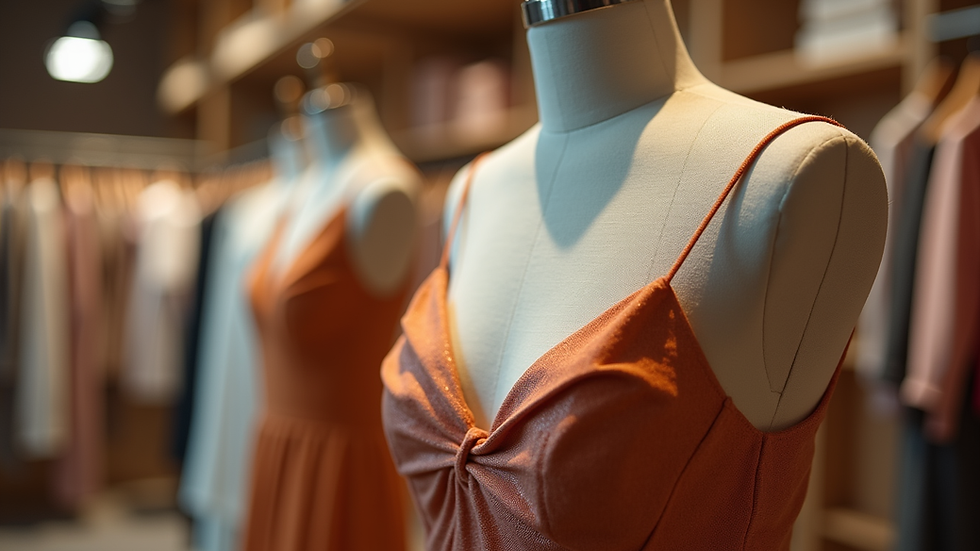 Close-up view of a stylish dress displayed on a mannequin in an online boutique