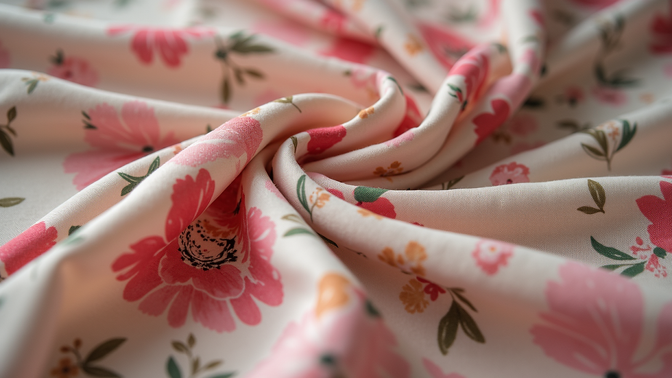 Close-up view of floral wrap dress fabric with soft folds