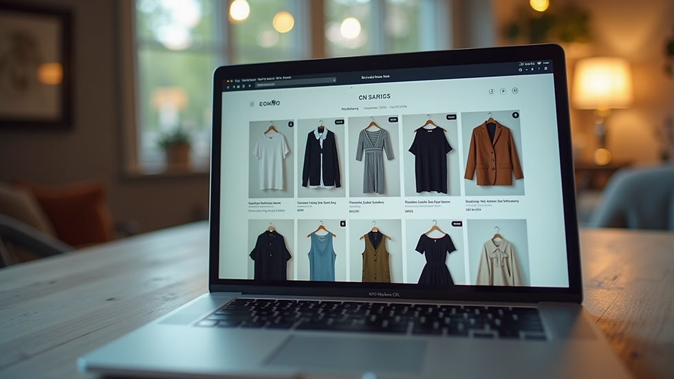 Close-up view of a laptop screen showing an online clothing store homepage
