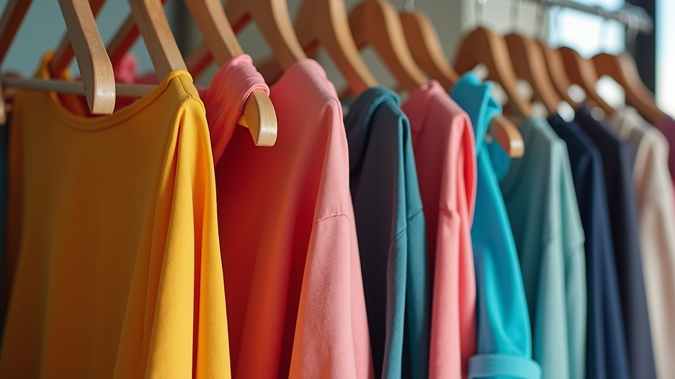 Close-up view of a rack of colorful stylish dresses hanging in an online store