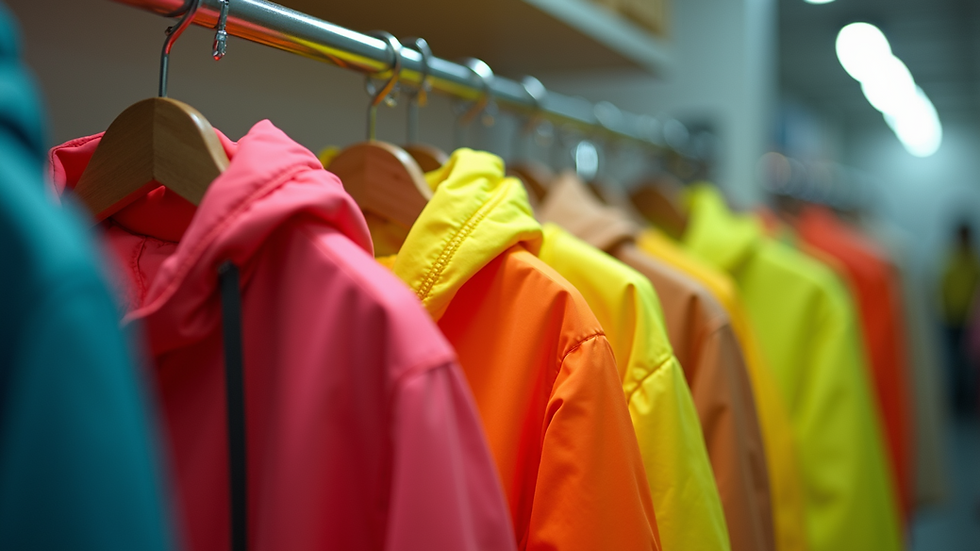 Eye-level view of a clothing rack featuring neon-colored jackets