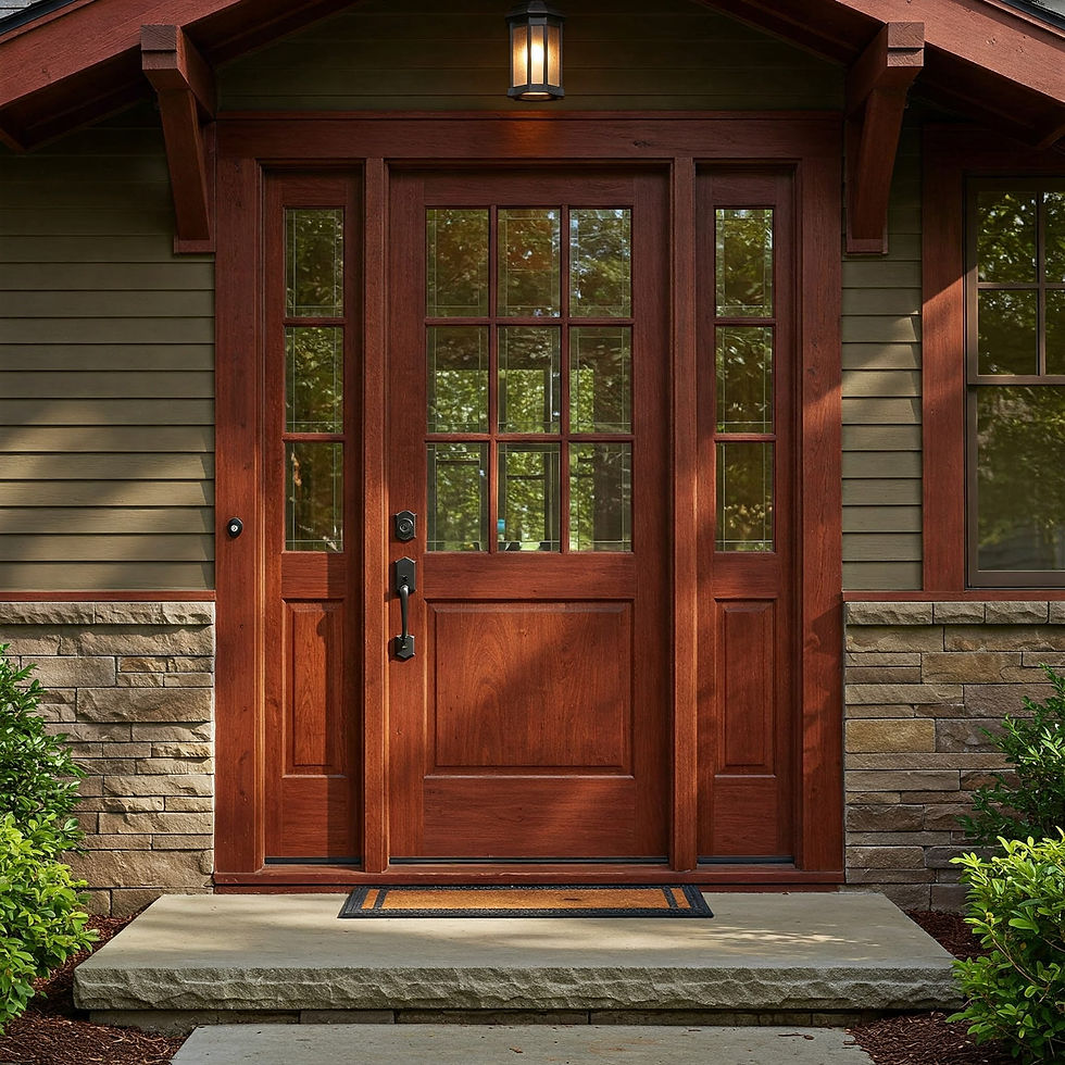 Wooden front door with glass panels, framed by stone and siding. A lit lantern hangs above, creating a warm, inviting ambiance.