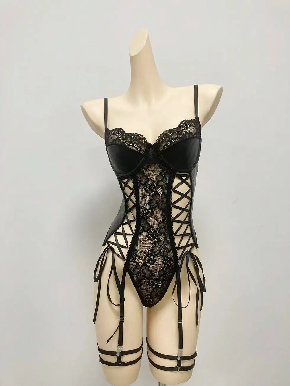 Miniatura: Conjunto de 3 piezas de body de encaje sexy y gótico para mujer