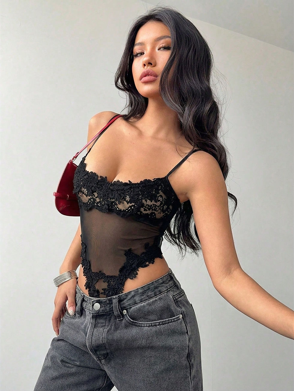 Miniatura: Aloruh Body de mujer con contraste de encaje y malla, sexy y de moda