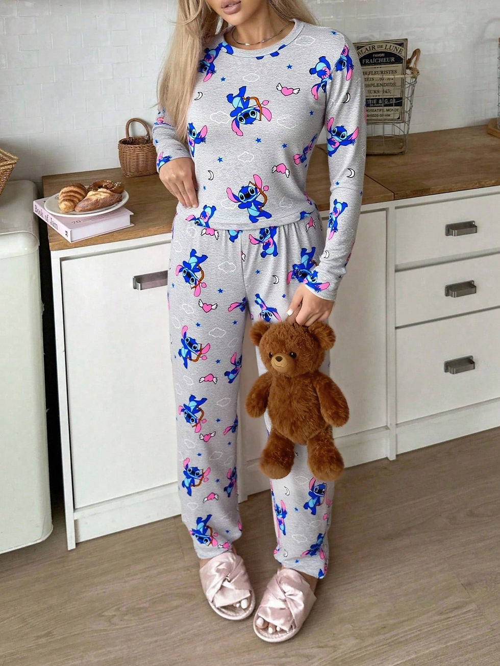 Miniatura: Conjunto de camiseta larga y pantalones con estampado de puntada para mujer, li