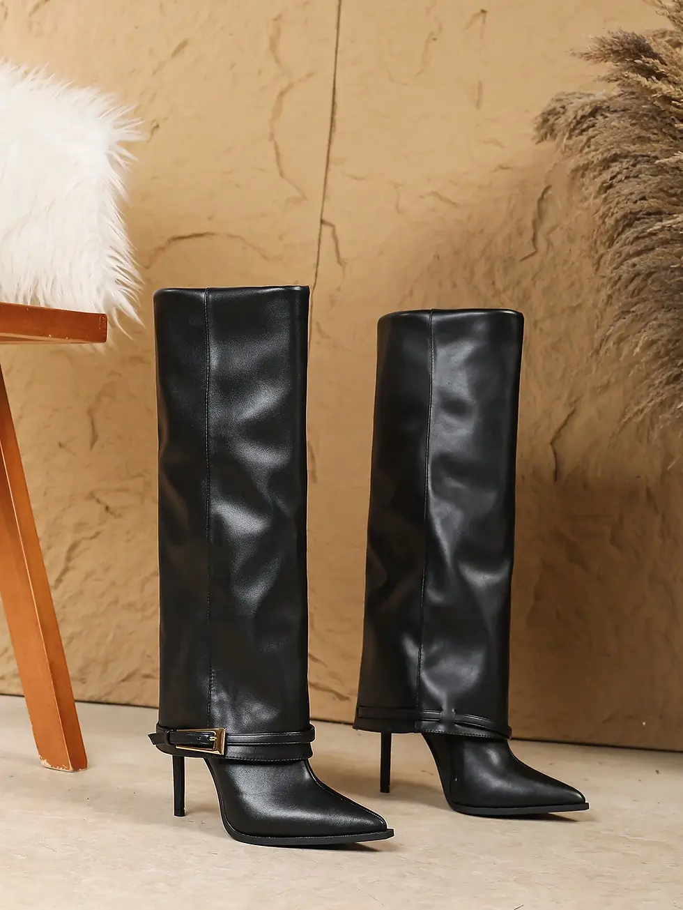 Miniatura: Botas altas casuales negras para mujer con corte de pantalón, decoración de heb
