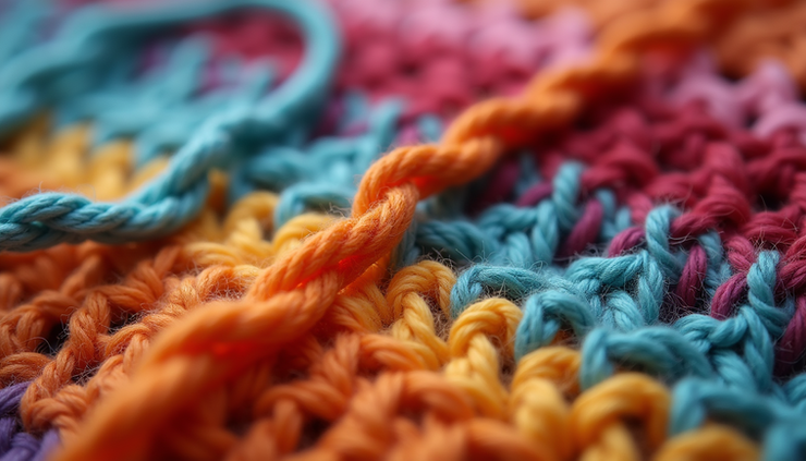 Close-up view of crochet chains and stitches in a colorful yarn project