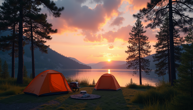 Eye-level view of a serene lakeside campground with tents and pine trees
