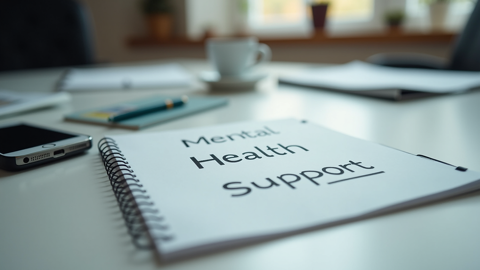 Close-up view of a manager’s desk with mental health support materials and a notebook