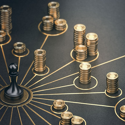 Man puting golden coins on a board representing multiple streams of income. Concept of mul