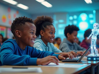 A group of Black children in a futuristic classroom smiling and engaging with technology, including holographic displays, coding on laptops, and programming a robot, symbolizing preparation for the digital future