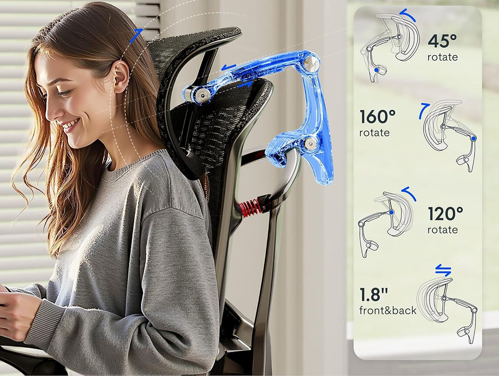 Woman smiling, sitting on ergonomic chair with adjustable headrest. Diagram shows rotations: 45°, 160°, 120°, and 1.8" front/back.