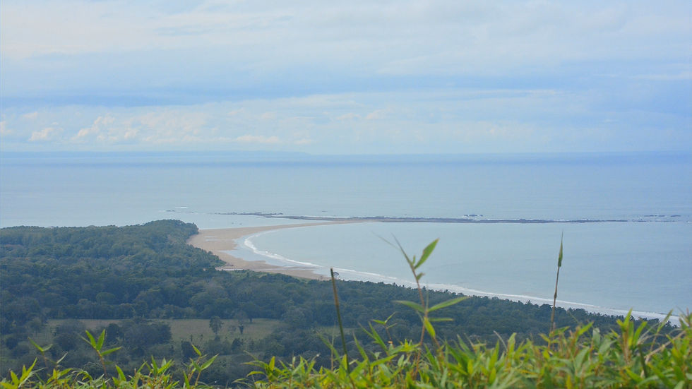 Overlooking a serene coastal landscape with lush green hills, a sandy beach, and the calm blue ocean under a partly cloudy sky.