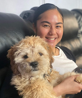 Scarlet Spark's Director of Marketing, Sharleen with her fluffy puppy, Shikamaru.