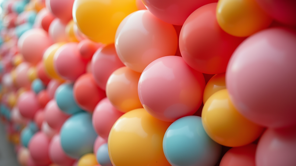 Eye-level view of a colorful balloon wall with mixed sizes and shapes