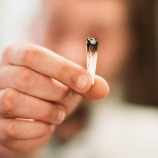 En inzomad hand som håller i en cannabis som nästan är upprökt