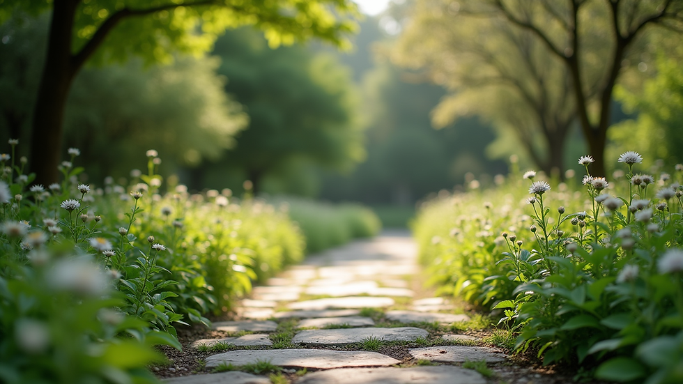 Eye-level view of a serene garden with a stone path