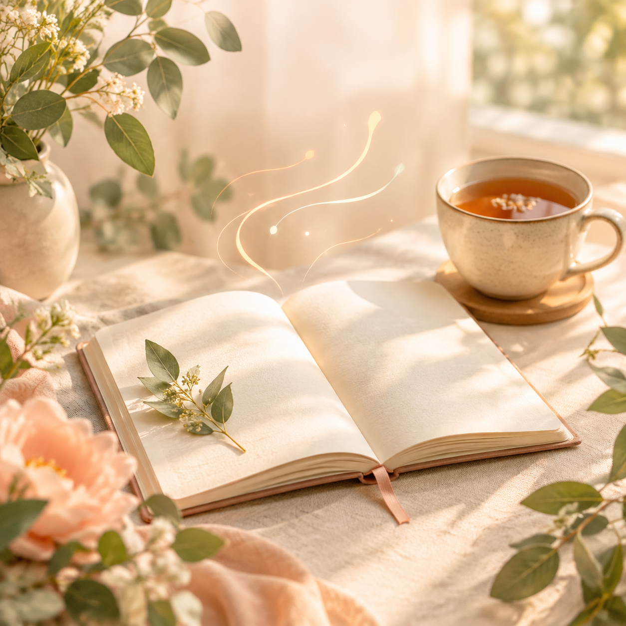 A sunlit journal, tea, and botanical leaves representing a daily affirmation practice.