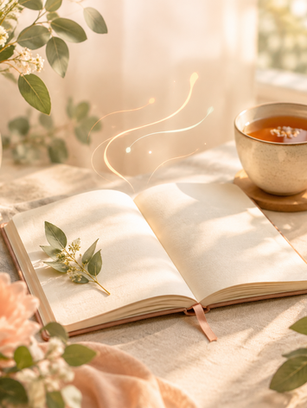 A sunlit journal, tea, and botanical leaves representing a daily affirmation practice.