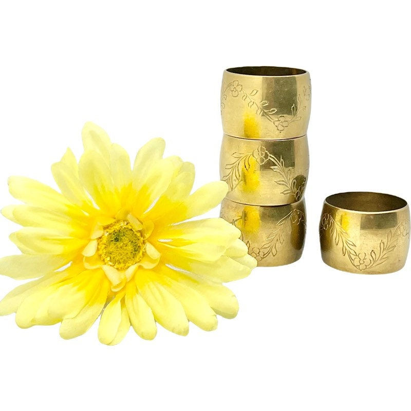 Thumbnail: Vintage Set of 4 Solid Brass Floral Napkin Ring Holders / Brass Floral Napkin Ri
