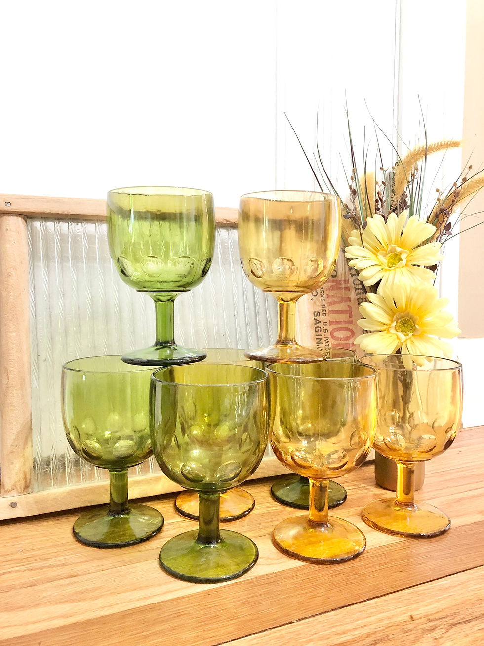 Thumbnail: Vintage Set of 4 Heavy Amber OR Green Footed Thumbprint/Coin Dot Glasses/Goblets