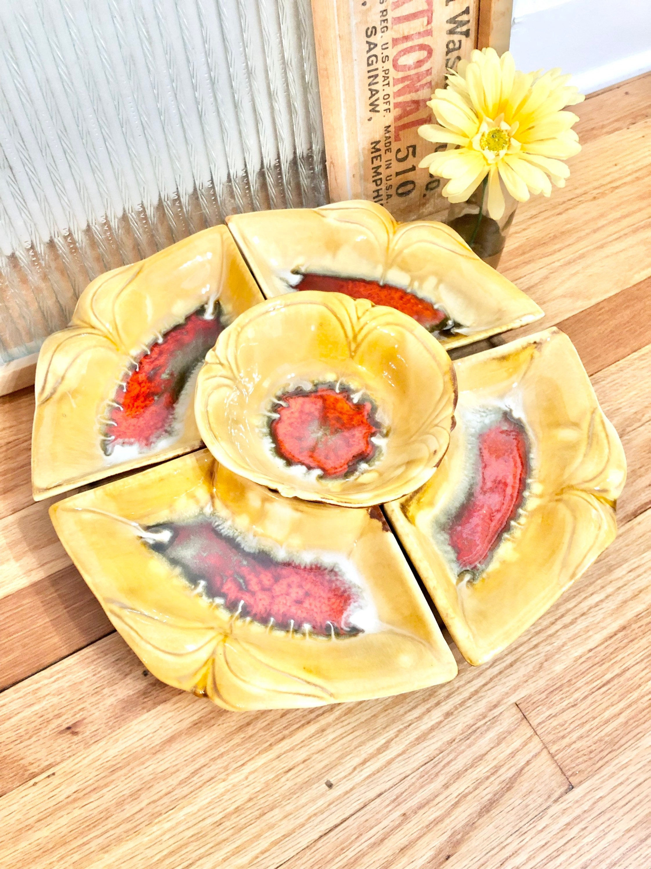 RARE Vintage 1970’s California Pottery Ceramic Lazy Susan Party Serving Set