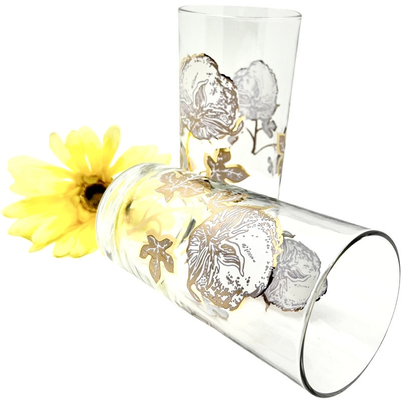 Thumbnail: Vintage Culver SET of 2 Cotton Plant Collins Glasses / MCM Barware / 22 kt Gold