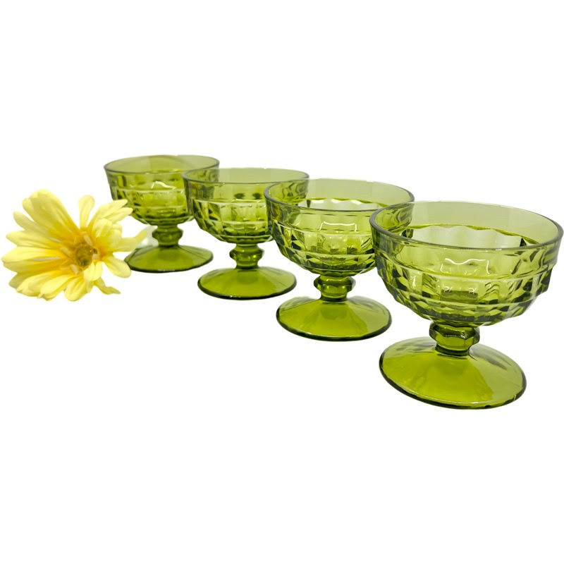 Thumbnail: Vintage BEAUTIFUL Mid-Century Green Whitehall SET of 4 Cube Pattern Footed 5 Oz.