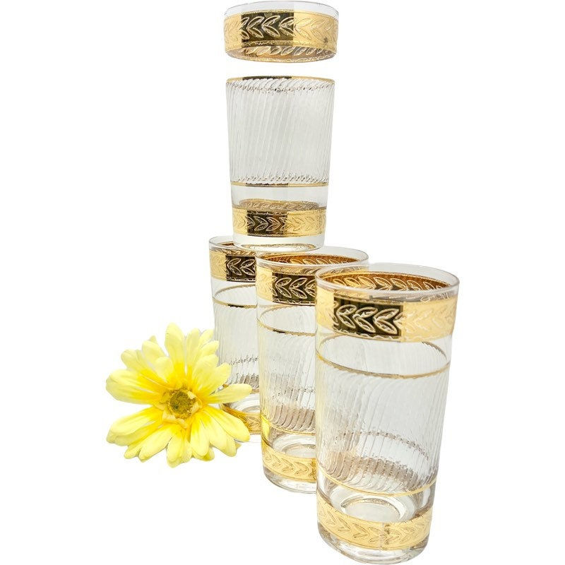 Thumbnail: Vintage BEAUTIFUL Mid-Century SET of 4 Gold Banded Frosted 12 Ounce Glasses
