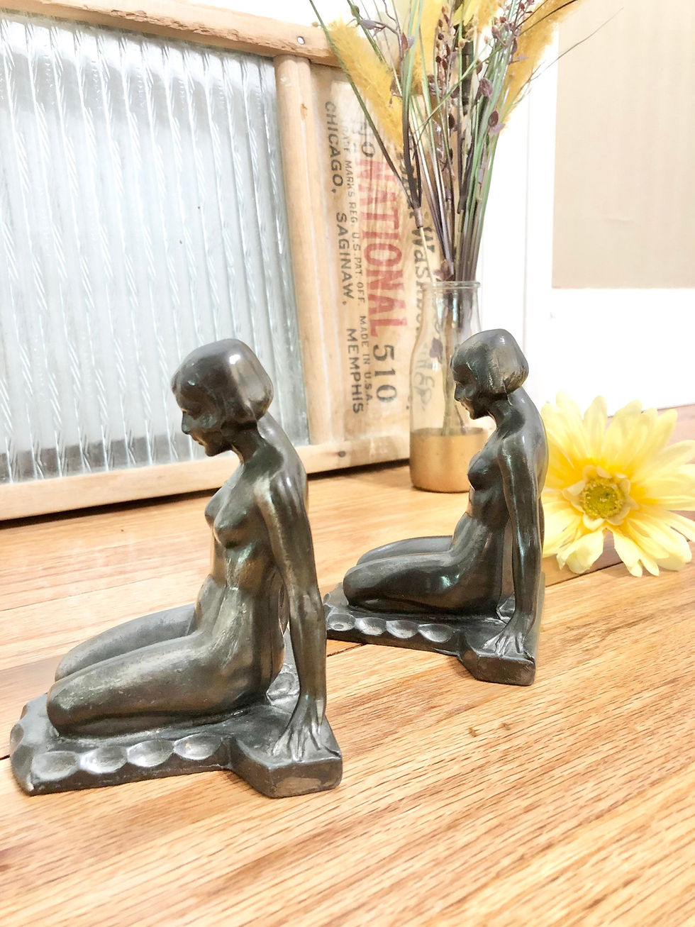 Thumbnail: RARE Antique/Vintage Nuart-Frankart Art Deco Nude Lady Bookends | Kneeling Lady