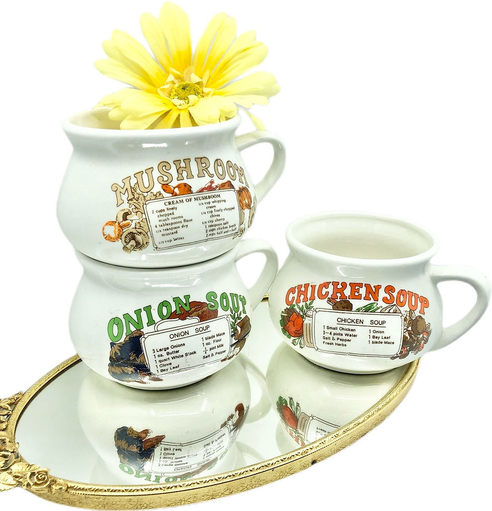 Thumbnail: Vintage SET of 3 Recipe Soup Mugs/Bowls/Cups / Mushroom/Chicken/Onion  Crocks