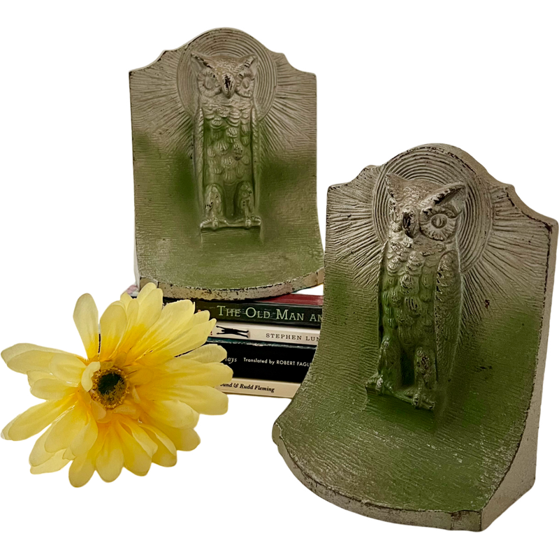 Thumbnail: Antique Owl Cast Iron Bookends / 1920's Wise Owl Full Moon Bookends