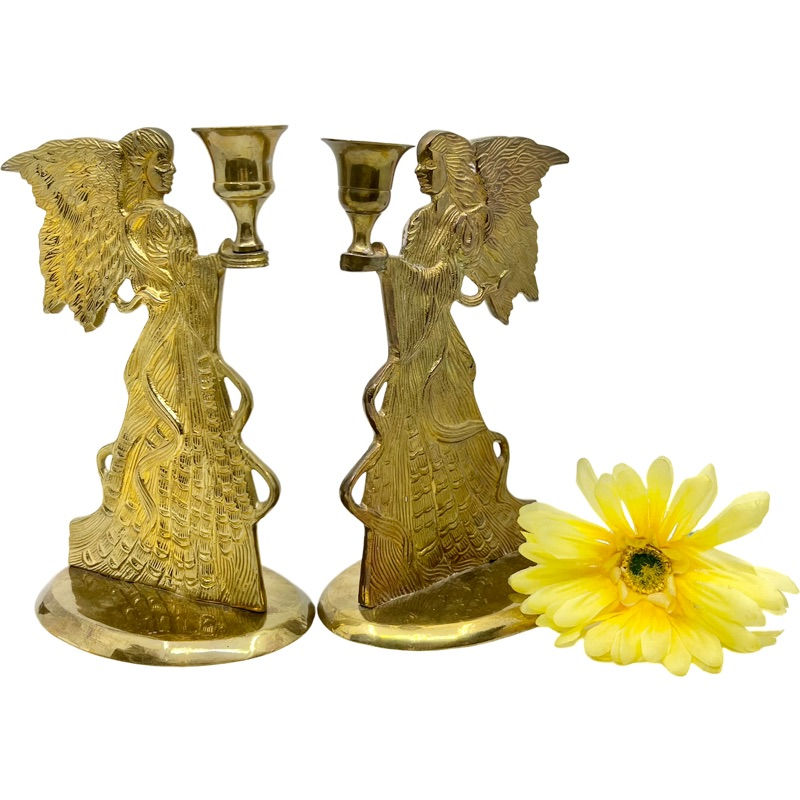 Thumbnail: Vintage Pair of Brass Angel Candlestick Holders