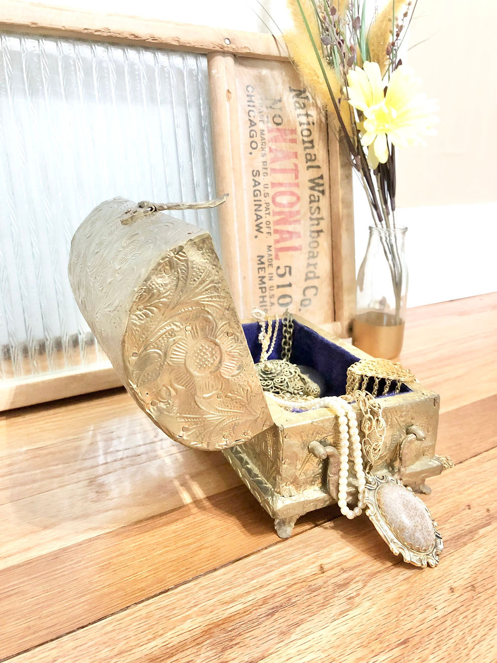 Thumbnail: Vintage Large Gatco Solid Brass Jewelry Box with Floral Design / Keepsake Box